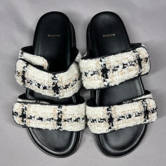 Anine Bing Sid Sandals Size 40 (US 9.5-10) Straps Beige Plaid Boucle Tweed Adj - Picture 3 of 15